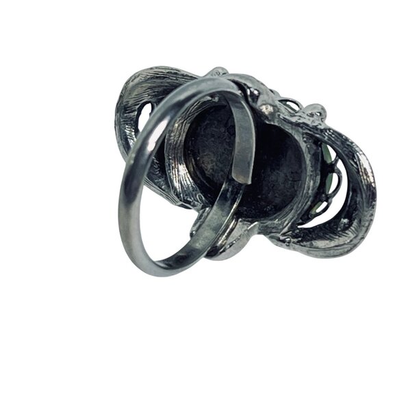 Silver Tone Adjustable Ring With Green Lucite Floral Oval Design (R466) - Picture 5 of 6